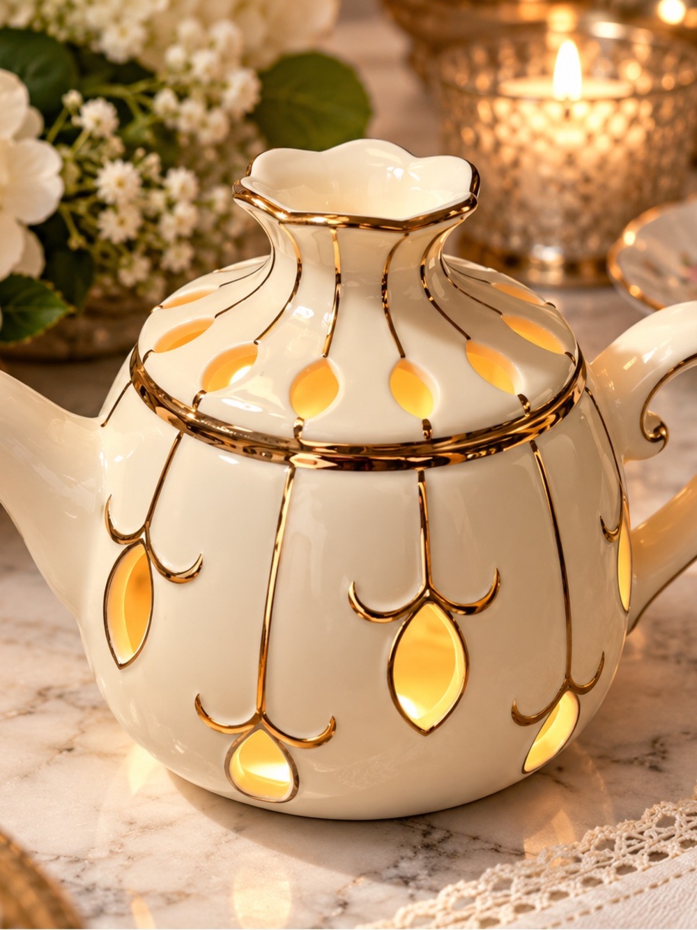 Porcelain Teapot tea candle with Gold Trim - Cream Decorative Accent